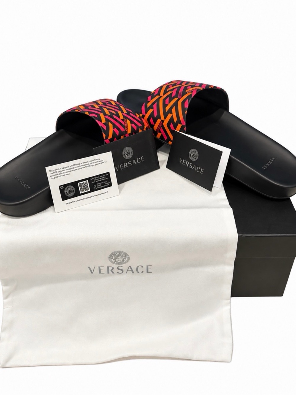 NEW Versace La Greca Pool Slides Men’s 45 Magenta Tangerine w/ Box $450